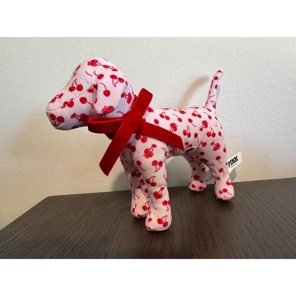 y2K Victoria's Secret PINK Plush Dog Women OS Pink Cherry Print‎ Red Velvet Bow